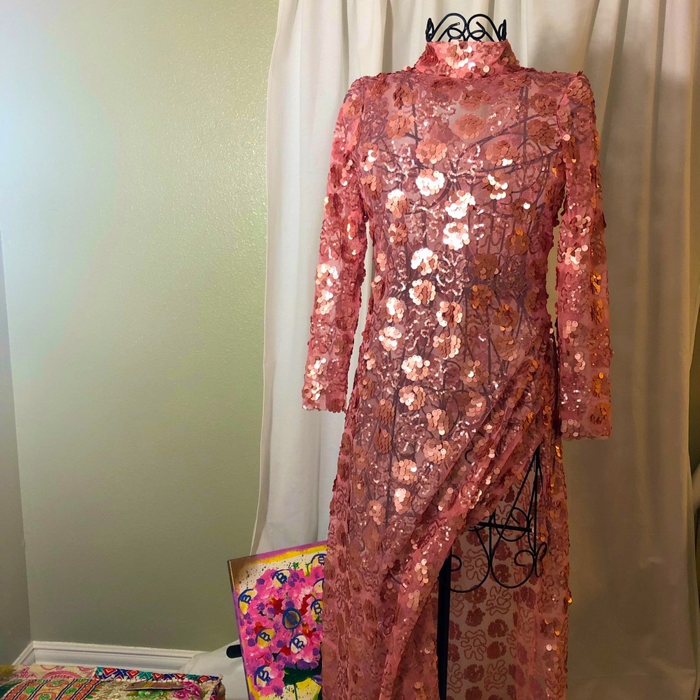 NEW Pink Sequin Holiday Long Sleeve Slip Dress